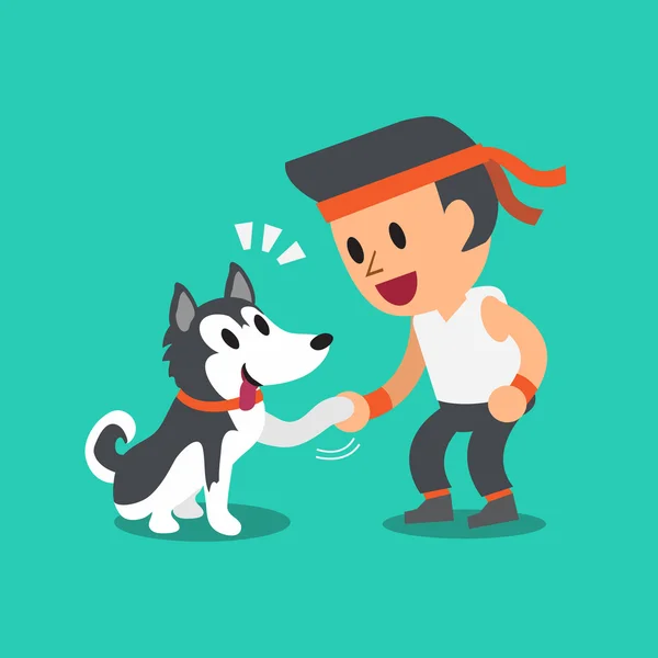 Uomo dei cartoni animati con il suo cane husky siberiano — Vettoriale Stock