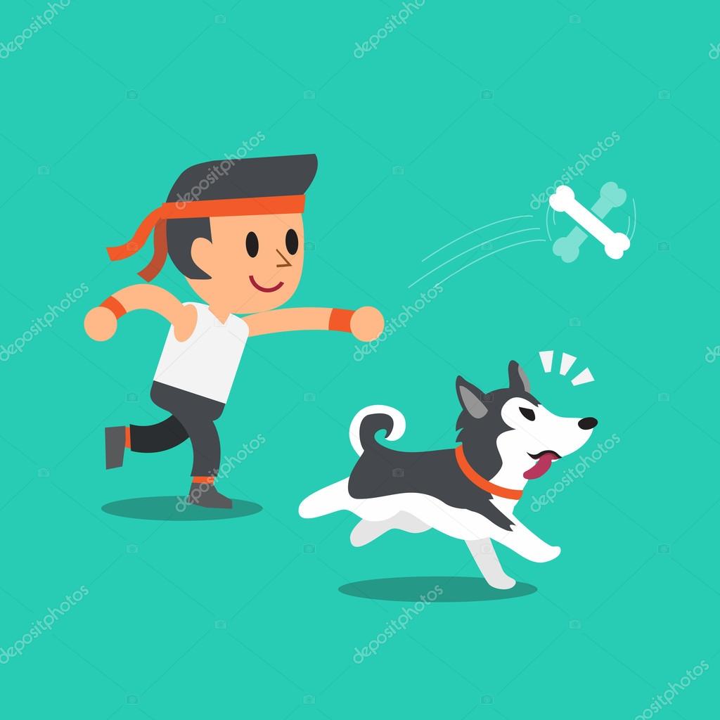 Caricature Dun Homme Qui Joue Avec Son Chien Husky Sibérien