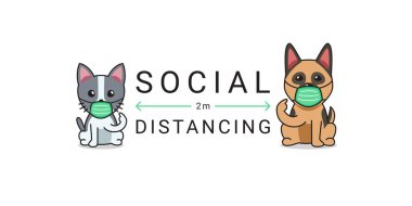 Covid-19 koruma konsepti çizgi film karakteri kedi ve köpek koruyucu yüz maskesi takıyor tasarım için sosyal mesafeler.