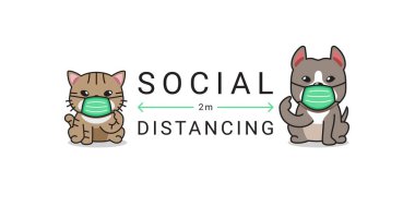 Covid-19 koruma konsepti. Çizgi film. Sevimli kedi ve köpek koruyucu yüz maskesi takıyor..