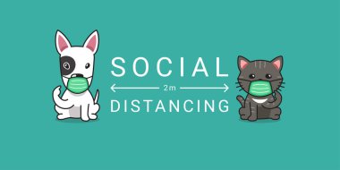 Covid-19 koruma konsepti çizgi film karakteri köpek ve kedi koruyucu yüz maskesi takan tasarım için sosyal mesafeler.