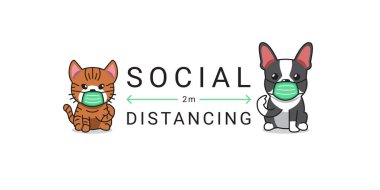 Covid-19 koruma konsepti çizgi film karakteri kedi ve köpek koruyucu yüz maskesi takıyor tasarım için sosyal mesafeler.