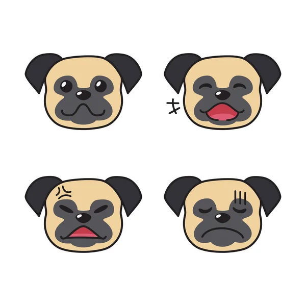 Conjunto Caras Perro Pug Que Muestran Diferentes Emociones Para Diseño — Vector de stock