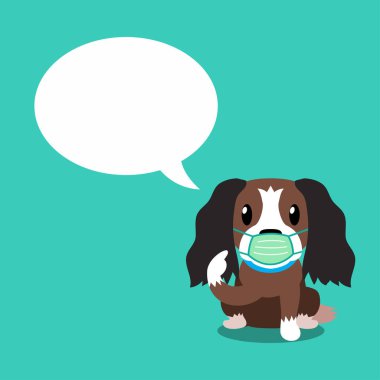 Tasarım için konuşma balonlu koruyucu yüz maskesi takan çizgi film karakteri köpeği..