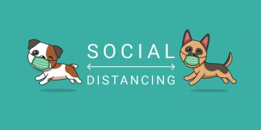 Covid-19 koruma konsepti çizgi film karakteri bulldog ve Alman çoban köpeği koruyucu yüz maskesi takan tasarım için sosyal mesafeler.