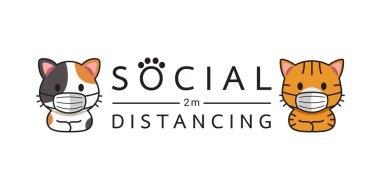 Covid-19 koruma kavramı çizgi film karakterleri koruyucu yüz maskesi takan kediler tasarım için sosyal mesafeler.