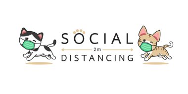 Covid-19 koruma kavramı çizgi film karakterleri koruyucu yüz maskesi takan kediler tasarım için sosyal mesafeler.