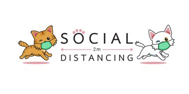 Covid-19 koruma kavramı çizgi film karakterleri koruyucu yüz maskesi takan kediler tasarım için sosyal mesafeler.