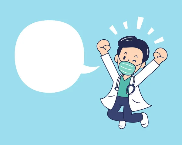 Cartoon Glückliche Männliche Arzt Mit Schutzmaske Und Sprechblase Für Design — Stockvektor