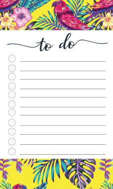Notlar, yapılacaklar listesi, tropikal desenlerle süslenmiş yaprak, tropikal parçalar, palmiye yaprakları ve tropikal çiçeklerle süslenmiş yapılacaklar listesi