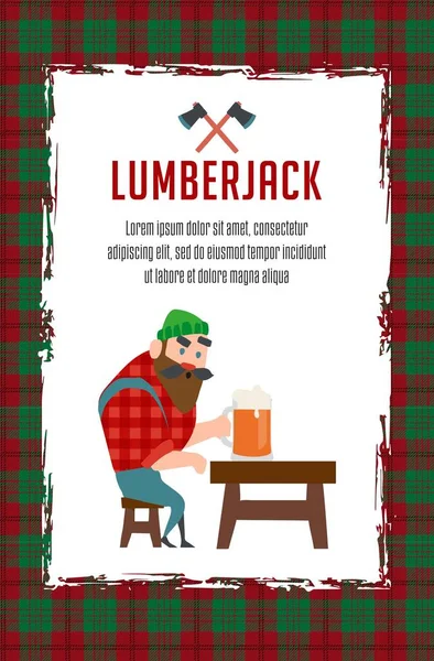 Lumberjack Drinkt Bier Rustend Het Werk Flonel Shirt Vlecht Baard — Stockvector