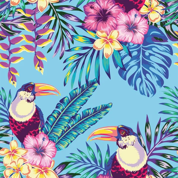 Toucan Oiseaux Tropicaux Perroquet Multicolore Sur Fond Fleur Hibiscus Exotique — Image vectorielle