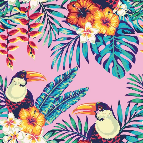 在异国情调的芙蓉花和棕榈叶背景上 有无缝目的病媒图案 热带鸟类的触角和多色鹦鹉 夏天植物打印 自然动物壁纸 — 图库矢量图片