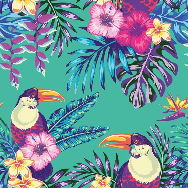 エキゾチックなハイビスカスの花やヤシの葉の背景に熱帯鳥のタッチと多色のオウム 夏の花の植物の印刷 自然動物の壁紙 シームレスなベクトルパターン — ストックベクタ