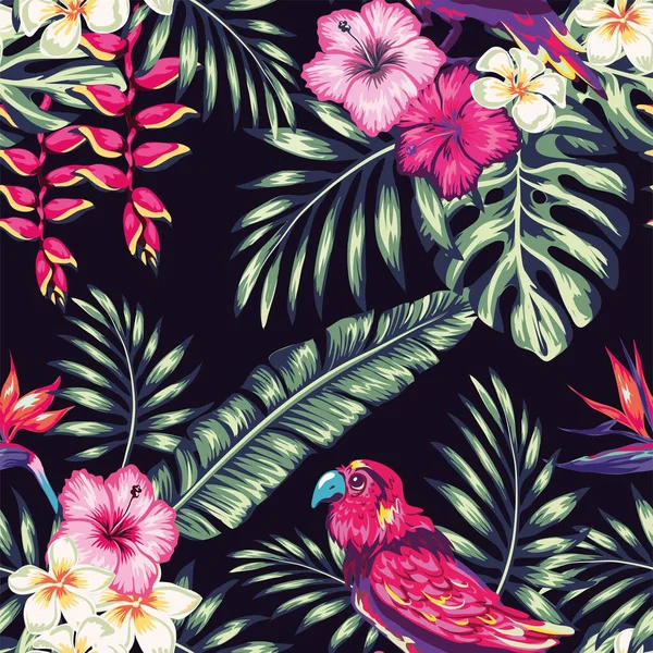 以热带鸟类为背景 以奇异的芙蓉花和棕榈叶为背景 手绘无缝图案 夏天植物打印 大自然动物壁纸 无缝线矢量图 — 图库矢量图片