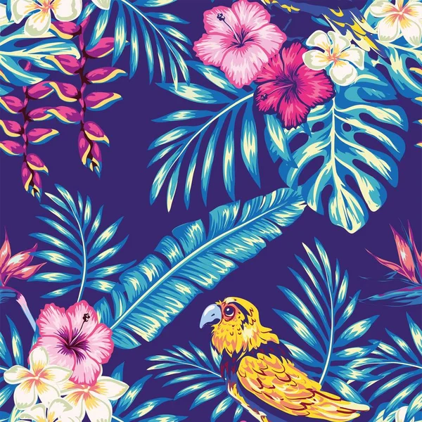 Dessin Main Motif Sans Couture Avec Des Oiseaux Tropicaux Sur — Image vectorielle