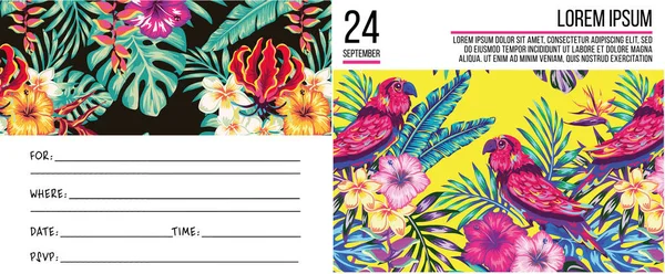 熱帯性のパターンで装飾された雑誌や招待状のための熱帯画像のセット 型付けのための限界の熱帯パターン ヤシの葉とトロピスの花で飾られた — ストックベクタ