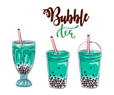 Köpüklü çay fincanı tasarım koleksiyonu, lezzetli içecekler, karalama tarzı afişi olan hafif içecekler, lezzetli tapyoka ve incili sütlü çay reklamları, balonlu çay menüsü grafik şablonu.