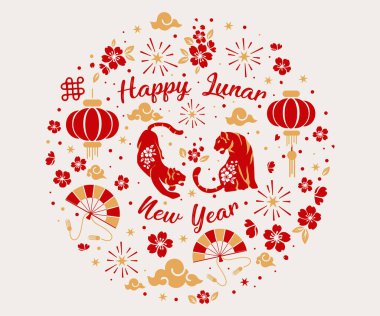 Mutlu Çin Yeni Yılı 2022 Zodiac tabelası, kaplan yılı, kırmızı ve altın kağıt, çiçek ve Asya elementleri arka planda zanaat stili, Asya yeni yılı için Noel evcilleştirme, karşılama arabası