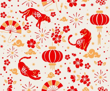 Vektör hisse senedi soyut Çin geleneksel doğu deseni, Asya elementli kaplan yılı ve arka planda el işi tarzı olan çiçek, güzel altın sarısı Asya tarzı kusursuz