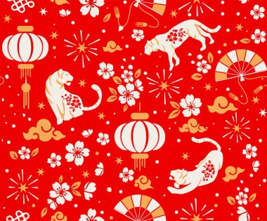 Vektör hisse senedi soyut Çin geleneksel doğu deseni, Asya elementli kaplan yılı ve arka planda el işi tarzı olan çiçek, güzel altın sarısı Asya tarzı kusursuz