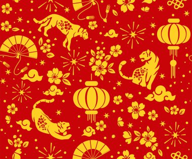 Vektör hisse senedi soyut Çin geleneksel doğu deseni, Asya elementli kaplan yılı ve arka planda el işi tarzı olan çiçek, güzel altın sarısı Asya tarzı kusursuz