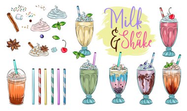 Farklı milkshake setleri. Çikolata, kiraz, çilek, vanilya ve portakallı milkshake. Beyaz arkaplanda izole edilmiş çizgi film vektör illüstrasyonu, lezzetli tapyoka ve inci menü grafik şablonu ile balonlu çay reklamı