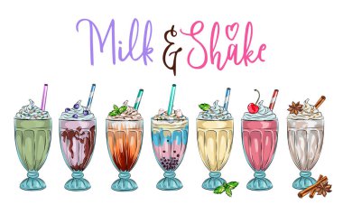 Farklı milkshake setleri. Çikolata, kiraz, çilek, vanilya ve portakallı milkshake. Beyaz arkaplanda izole edilmiş çizgi film vektör illüstrasyonu, lezzetli tapyoka ve inci menü grafik şablonu ile balonlu çay reklamı
