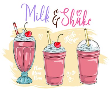 Farklı milkshake setleri. Çikolata, kiraz, çilek, vanilya ve portakallı milkshake. Beyaz arkaplanda izole edilmiş çizgi film vektör illüstrasyonu, lezzetli tapyoka ve inci menü grafik şablonu ile balonlu çay reklamı