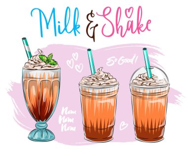 Farklı milkshake setleri. Çikolata, kiraz, çilek, vanilya ve portakallı milkshake. Beyaz arkaplanda izole edilmiş çizgi film vektör illüstrasyonu, lezzetli tapyoka ve inci menü grafik şablonu ile balonlu çay reklamı