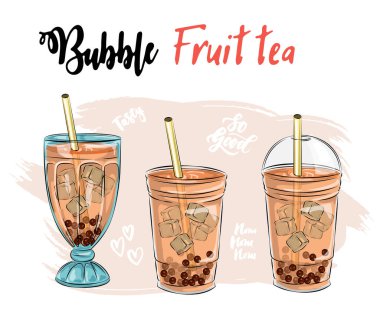 Farklı milkshake setleri. Çikolata, kiraz, çilek, vanilya ve portakallı milkshake. Beyaz arkaplanda izole edilmiş çizgi film vektör illüstrasyonu, lezzetli tapyoka ve inci menü grafik şablonu ile balonlu çay reklamı