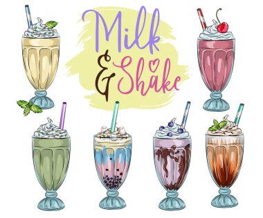 Farklı milkshake setleri. Çikolata, kiraz, çilek, vanilya ve portakallı milkshake. Beyaz arkaplanda izole edilmiş çizgi film vektör illüstrasyonu, lezzetli tapyoka ve inci menü grafik şablonu ile balonlu çay reklamı