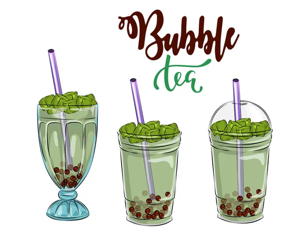 Bubble Tea Tasse Design Kollektion Leckere Getränke Softdrinks Mit Doodle — Stockvektor