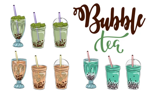 Bubble Tea Tasse Design Kollektion Leckere Getränke Softdrinks Mit Doodle — Stockvektor