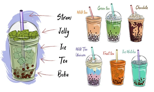 Bubble Tea Tasse Design Kollektion Leckere Getränke Softdrinks Mit Doodle — Stockvektor