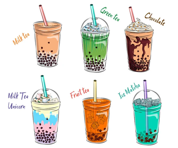 Bubble Tea Cup Design Collection Boissons Délicieuses Boissons Gazeuses Avec — Image vectorielle