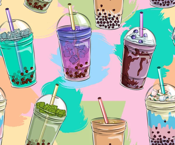 Bubble Tea Nahtlose Muster Beliebtes Asiatisches Kaltgetränk Perlmilchtee Trendiges Frühstück — Stockvektor