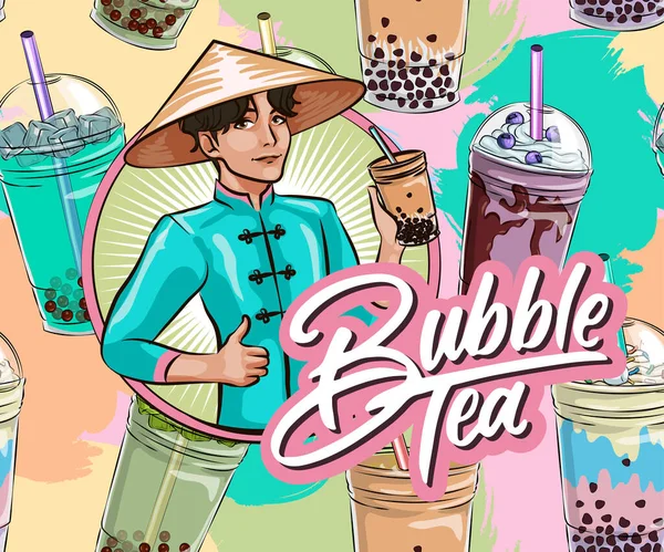 Vietnamesischer Junger Mann Mit Bubble Tea Nahtlosem Muster Bubble Tea — Stockvektor