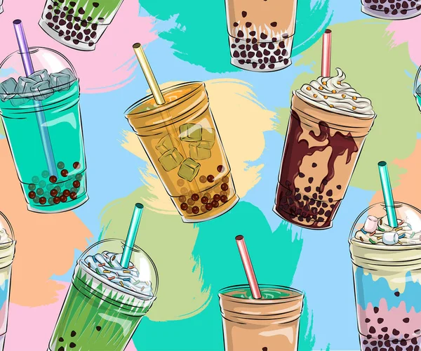 Bubble Tea Seamless Pattern Popular Asian Cold Drink Pearl Milk — Stock Vector
