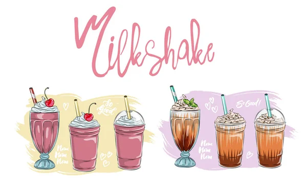 Farklı Milkshake Setleri Çikolata Kiraz Çilek Vanilya Portakallı Milkshake Beyaz — Stok Vektör