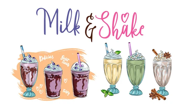 Ensemble Différents Milkshakes Chocolat Cerise Fraise Vanille Milkshakes Orange Illustration — Image vectorielle