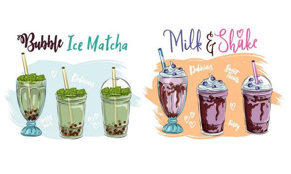 Farklı Milkshake Setleri Çikolata Kiraz Çilek Vanilya Portakallı Milkshake Beyaz — Stok Vektör