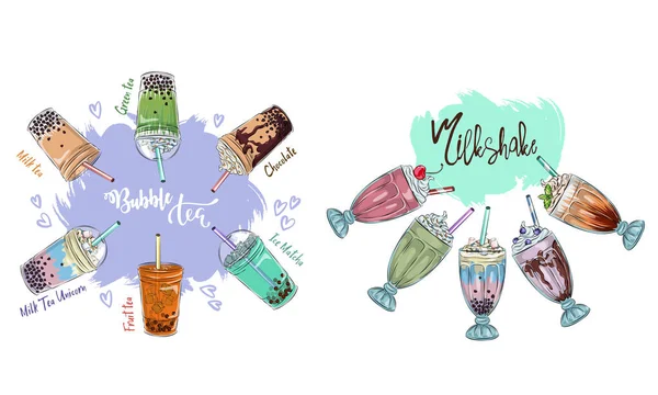 Ensemble Différents Milkshakes Chocolat Cerise Fraise Vanille Milkshakes Orange Illustration — Image vectorielle