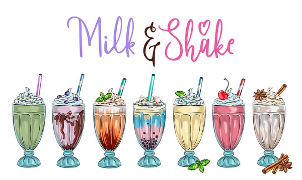 Farklı milkshake setleri. Çikolata, kiraz, çilek, vanilya ve portakallı milkshake. Beyaz arkaplanda izole edilmiş çizgi film vektör illüstrasyonu, lezzetli tapyoka ve inci menü grafik şablonu ile balonlu çay reklamı