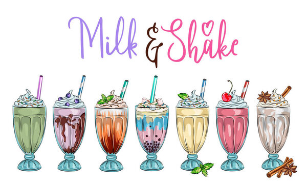 Set of different milkshakes. Chocolate, cherry, strawberry, vanilla and orange milkshakes. Cartoon vector illustration isolated on white background, bubble tea advertisement with tasty tapioca and pearls menu graphic template