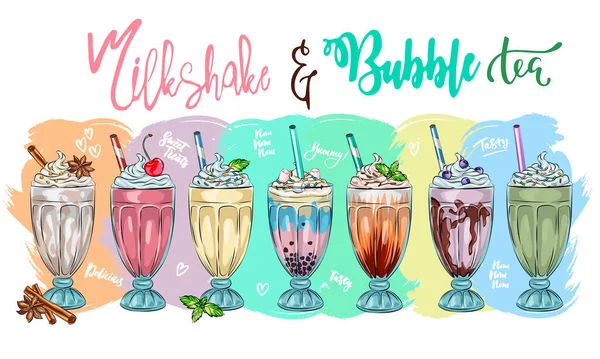 Een Paar Verschillende Milkshakes Chocolade Kersen Aardbeien Vanille Sinaasappelmilkshakes Cartoon — Stockvector