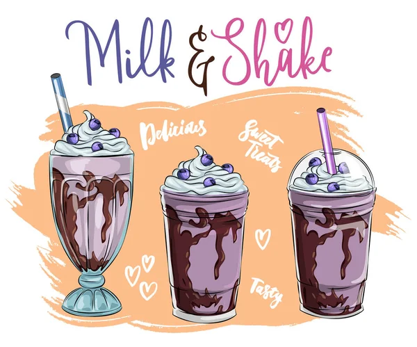 Set Different Milkshakes Chocolate Cherry Strawberry Vanilla Orange Milkshakes Cartoon — Stock Vector