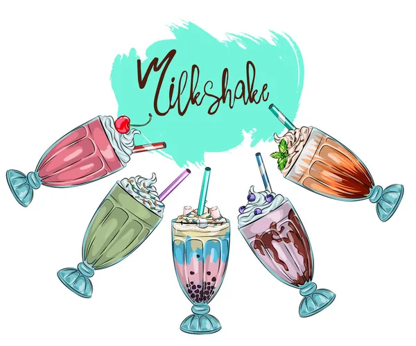 Ensemble Différents Milkshakes Chocolat Cerise Fraise Vanille Milkshakes Orange Illustration — Image vectorielle