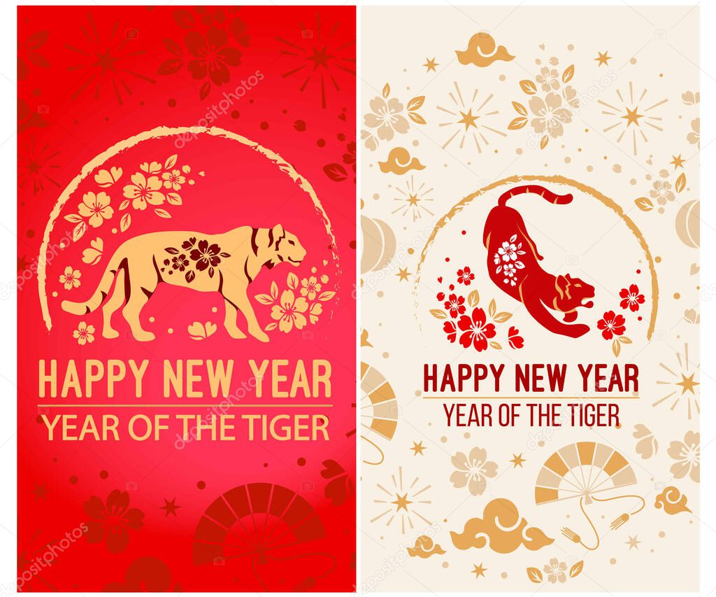 Happy chinese new year 2022 Zodiac sign, year of the tiger, red and gold paper, flower and Asian elements with craft style on background, Christmas taming for Asian new year, greeting car