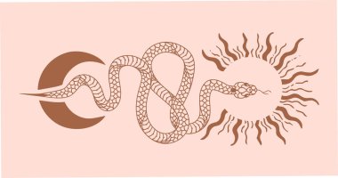 Yılan, ay ve güneş, çizgi sanatı gibi mistik büyülü nesnelerin taşıyıcı posterleri. Manevi okültizm nesneleri.